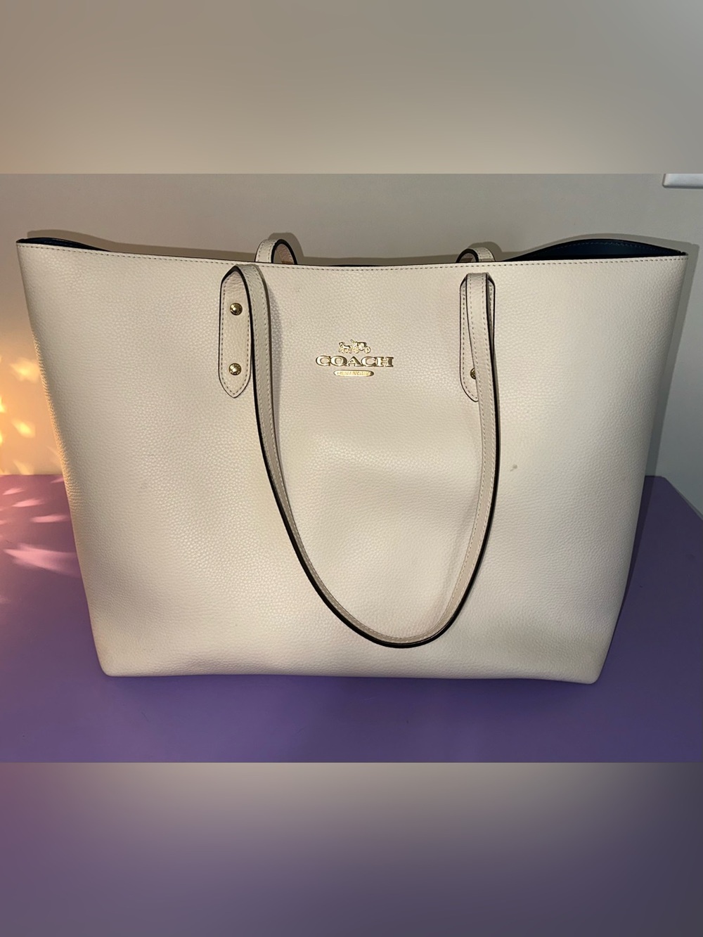 Coach Cream Pebbled Leather Tote with Gold Logo